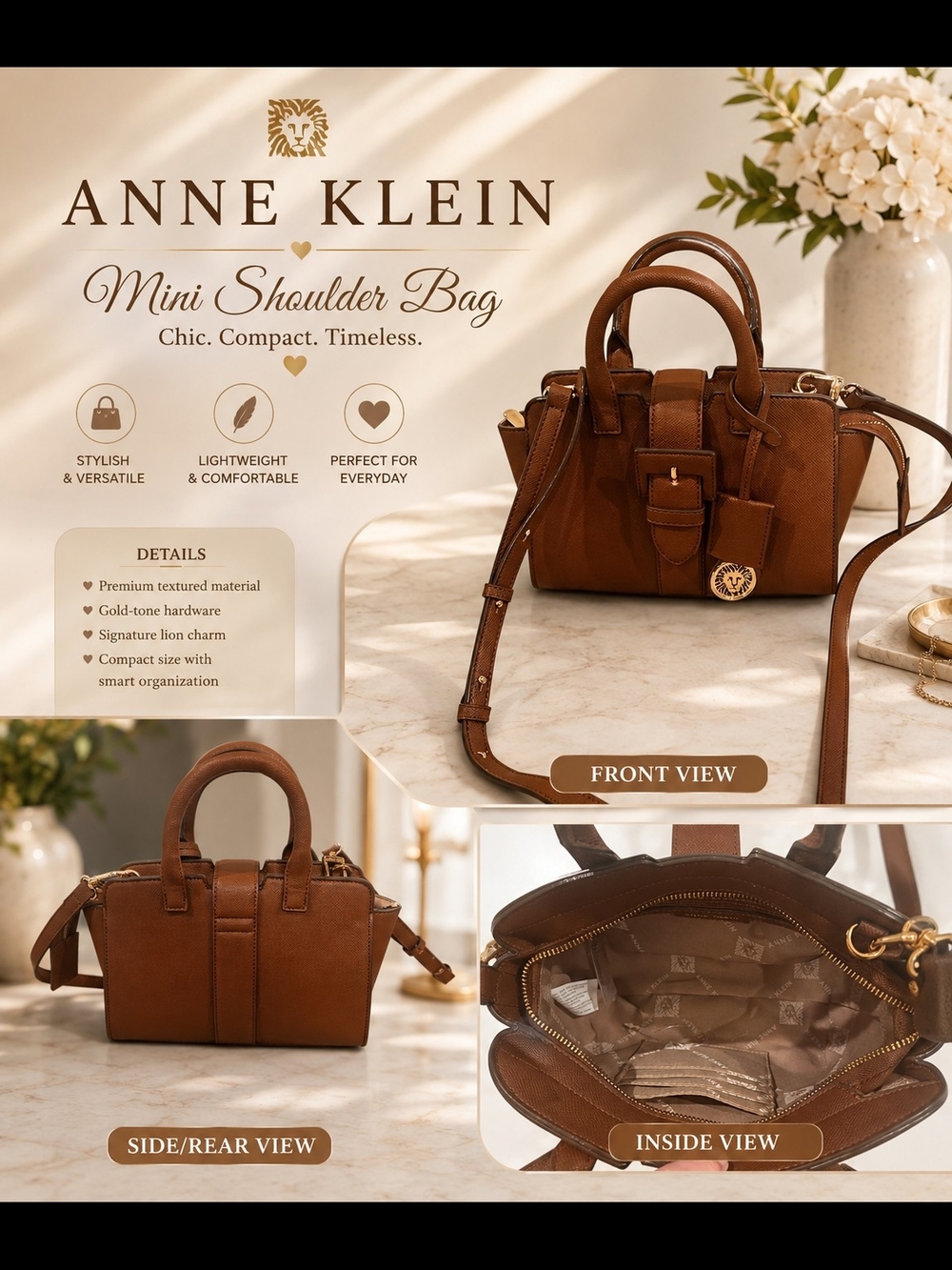 Anne Klein Mini Satchel in Brown with Gold-Tone Hardware